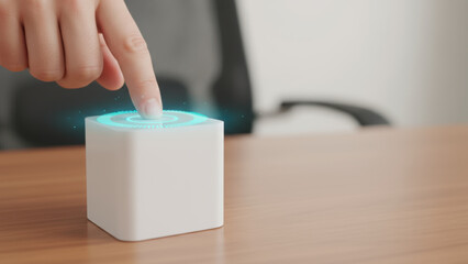 Finger pressing smart button device physical therapy. balance fall prevention seniors gentle interaction encouraging recovery