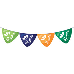 Festive Bunting With Green Blue Orange Triangle Flags Decorated With White Floral Patterns Hung On A String For Celebrations And Decorations