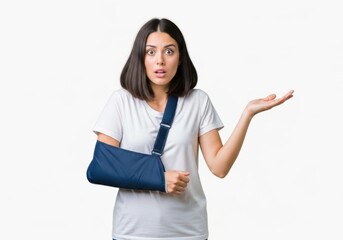 Woman with arm in sling looking confused isolated on white background