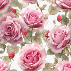 Seamless watercolor pattern with soft pink roses, ideal for fabric design, wrapping paper, wedding stationery, branding, and elegant floral backgrounds.