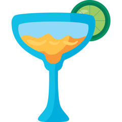 A blue cocktail glass with orange liquid and a lime slice on a transparent background