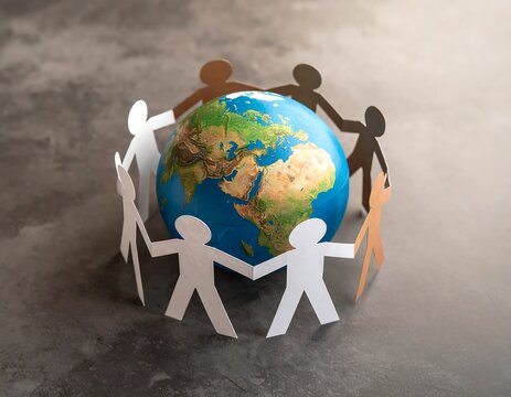 Paper figures holding hands around a globe