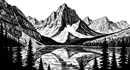 Monochrome mountain landscape with lake reflection hand-drawn vector illustration perfect for travel posters and nature-themed designs