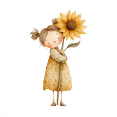 Watercolor illustration of a little girl hugging a large sunflower, perfect for children’s books, nursery decor, greeting cards, and nature-themed designs.