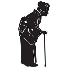 Elderly Japanese Woman Silhouette with Walking Cane