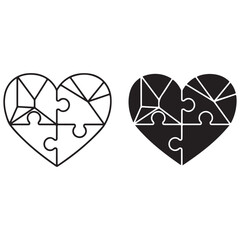 Two Heart Puzzle Illustrations, Outline and Solid Fill