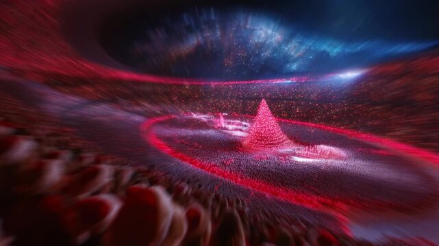 A breathtaking spectacle filled with vibrant red lights and a majestic glowing pyramid formation captivates the audience in the arena, surrounded by a mesmerizing cosmic backdrop that enhances the