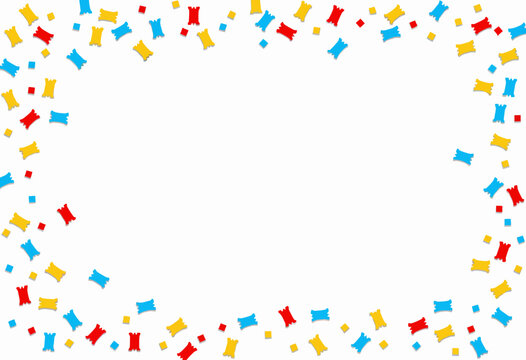 Colorful Confetti Border with Festive Red, Blue, and Yellow Patterns on a White Background Ready for Celebrations and Creative Designs