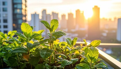 Urban balcony garden at sunset