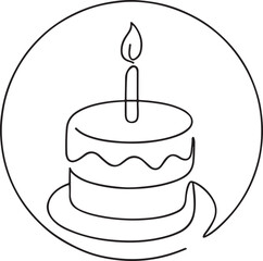 One line birthday cake drawing, minimalist continuous single line art with candle on white background, vector illustration