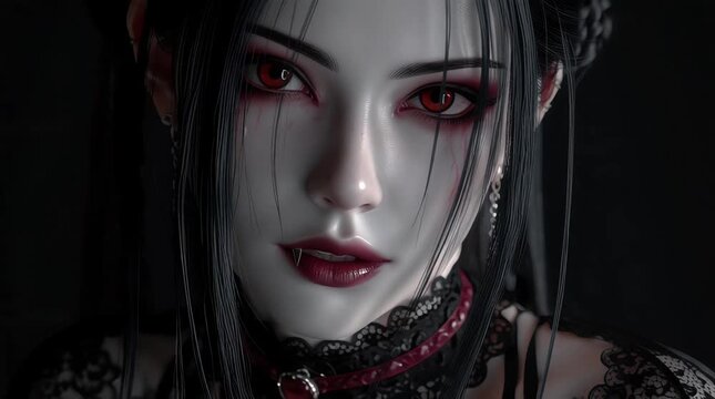 3D Cartoon Vampire Woman in Gothic Outfit Standing Indoors for Dark Fantasy Theme
