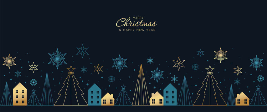Christmas and Happy New Year greeting banner vector artwork with winter village gold snowflakes and dark night background — charming design for holiday cards and seasonal ads