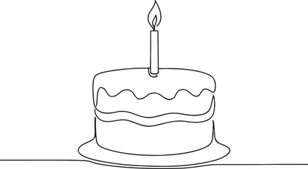One line birthday cake drawing, minimalist continuous single line art with candle on white background, vector illustration