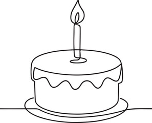 One line birthday cake drawing, minimalist continuous single line art with candle on white background, vector illustration