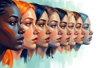 Diverse group of women s faces in profile isolated on white background