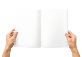 Open blank book held by two hands with white pages isolated on a transparent background open book blank pages