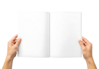 Open blank book held by two hands with white pages isolated on a transparent background open book blank pages