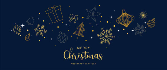 Christmas and Happy New Year greeting banner vector artwork with gold line icons on dark navy background — premium design for winter holiday advertising and invitations