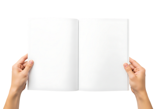 Open blank book held by two hands with white pages isolated on a transparent background open book blank pages - Powered by Adobe
