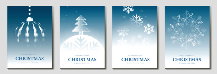 Naklejka premium Christmas and Happy New Year greeting card vector set with blue gradient backgrounds snowflakes glowing dots and winter holiday decorations — elegant design for seasonal cards and festive prints