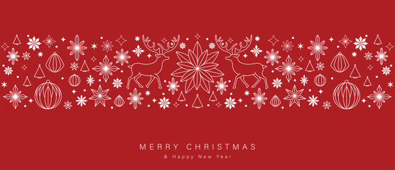 Christmas and Happy New Year greeting banner vector design with red background white floral stars reindeer and ornaments — warm decorative layout for seasonal greeting cards