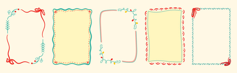 Obraz premium Christmas and New Year decorative frames vector illustration with pastel lights soft red blue curves and delicate seasonal borders — charming design for greeting cards and winter prints