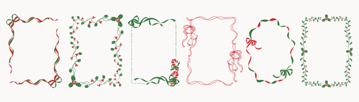 Christmas and New Year decorative frames vector illustration with red green ribbon swirls holly leaves berries and festive border elements &mdash; elegant design for greeting cards and holiday prints