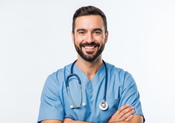 Smiling male doctor wearing blue scrubs and stethoscope isolated on white background