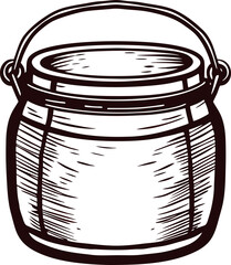 Hand drawn vintage wooden bucket with handle isolated on white background engraved rustic illustration