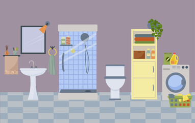 Flat cartoon bathroom illustration with toilet, shower, sink, and washing machine. Interior design concept for hygiene and household.