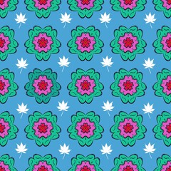 Colorful Floral Seamless Pattern with Blue Background