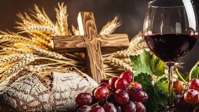 Sacred communion elements bread wine grapes and cross symbolize faith and spiritual nourishment in worship