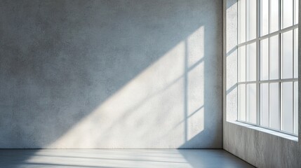 Obraz premium Bright and Minimalist Empty Room Interior with Concrete Walls and Large Windows Casting Shadows on the Floor in a Serene and Peaceful Environment