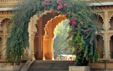 Mysore Palace Architecture Backdrop with Ornate Stone Archway, Carved Pillars and Bougainvillea Vines in Golden Sunlight