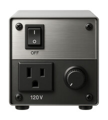 Obraz premium A compact metal step-down transformer for basement workshop tools in a home.
