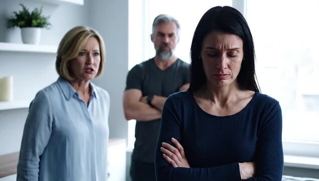 Upset daughter feels attacked by angry mother while father watches disapprovingly, family conflict unfolds