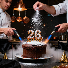 Chefs preparing a chocolate cake with number twenty six decoration and adding powder with blowtorch
