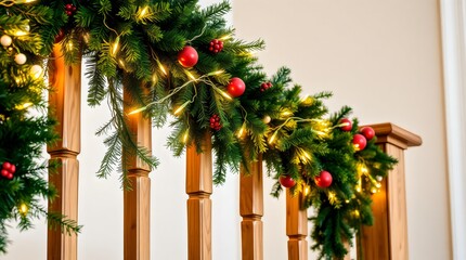 Christmas garland with lights wrapped around a wooden staircase railing