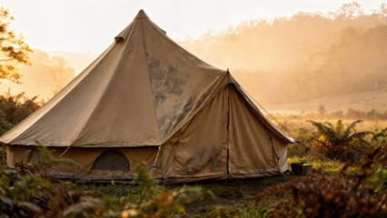 A large canvas bell tent pitched in a field surrounded by ferns and a forest in the background