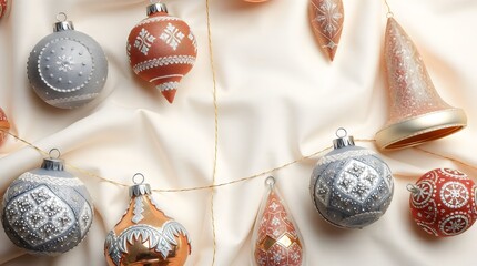 Glittering Christmas ornaments arranged neatly on a soft white fabric background