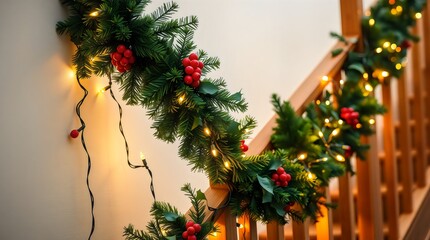 Christmas garland with lights wrapped around a wooden staircase railing