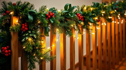 Christmas garland with lights wrapped around a wooden staircase railing