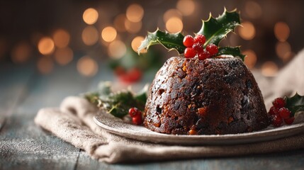 Christmas pudding on plate decorated with holly and berries