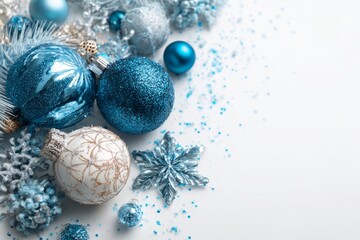Blue christmas ornaments creating festive holiday decoration background, copy space