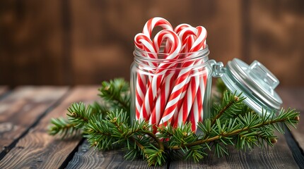 Red and white candy canes arranged in a glass jar surrounded by pine branches
