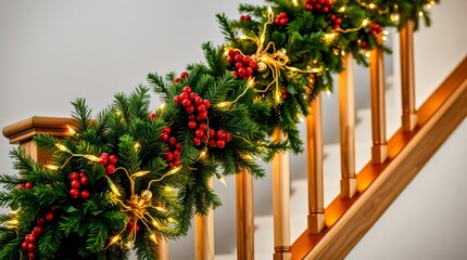 Christmas garland with lights wrapped around a wooden staircase railing