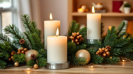 Christmas candle arrangement with pine branches and golden accents