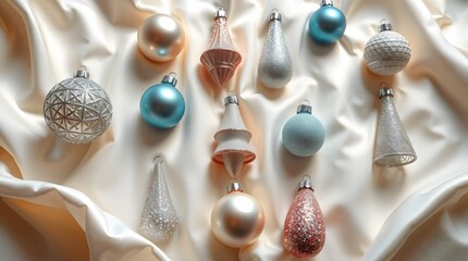 Glittering Christmas ornaments arranged neatly on a soft white fabric background