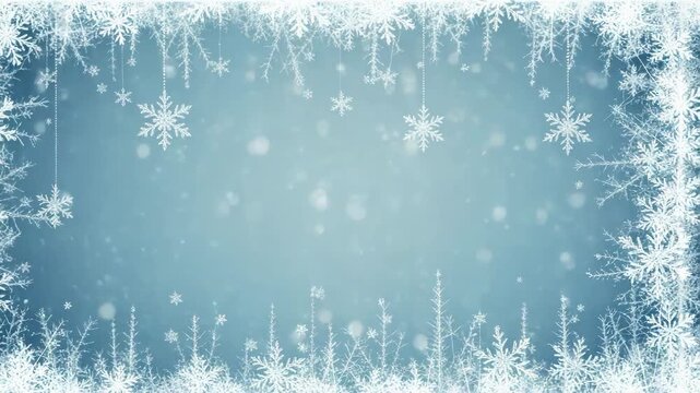 Winter snowflake border with bokeh and falling snow on blue background
