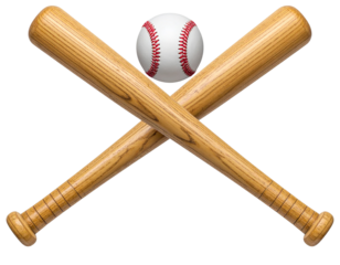 l - Front View of Crossed Baseball Bats and Ball, isolated on transparent background.